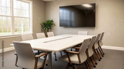 A clean conference room with a large TV, prepared for a presentation but the space remains empty