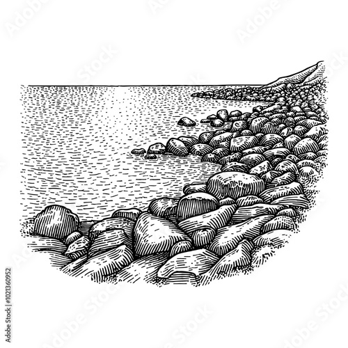 Black and White Outline Line Art Drawing of Rocky Sea Shore with Pebble Beach and Ocean View