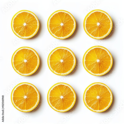 Fresh orange slices arranged in a grid on a white background.