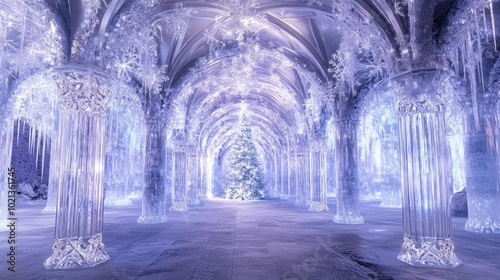 A Magical Winter Wonderland With Glistening Ice Structures and a Luminous Christmas Tree