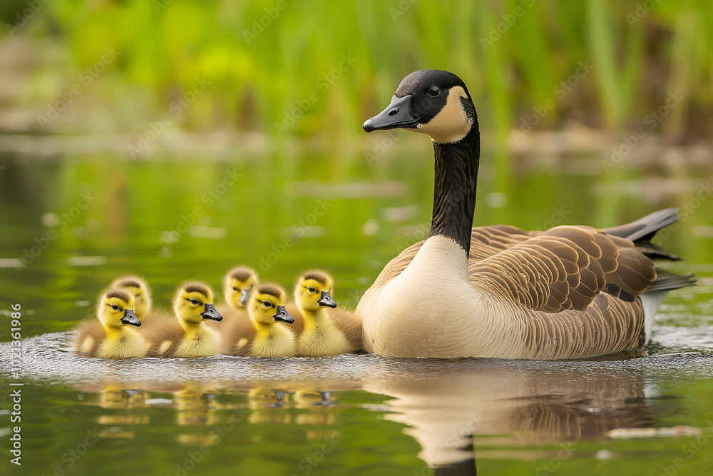 Obraz premium Goose with Goslings: A mother goose leading her fluffy goslings around a pond or grassy area, showcasing maternal care in the animal kingdom