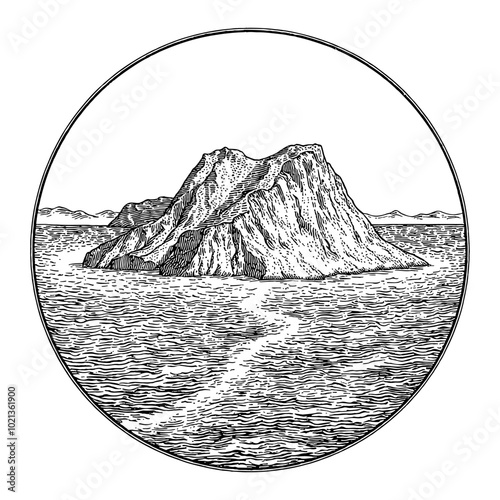 Black and White Outline Line Art Drawing of a Rugged Island in the Middle of the Sea,  Detailed Engraving Sketch Illustration