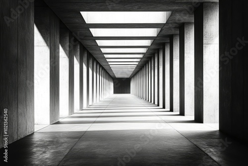 A long, narrow concrete corridor with rectangular skylights