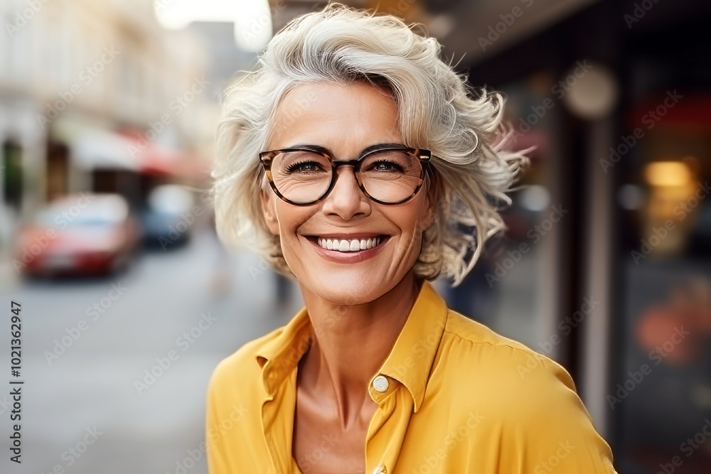 beauty, people and lifestyle concept - smiling senior woman in eyeglasses over city street background beauty, people and lifestyle concept - smiling senior woman in eyeglasses over city street background
