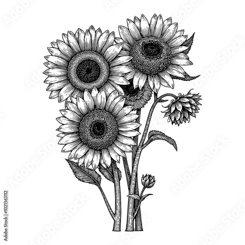 Black and White Outline Line Art Drawing of  Three Sunflowers with Leafs and Buds