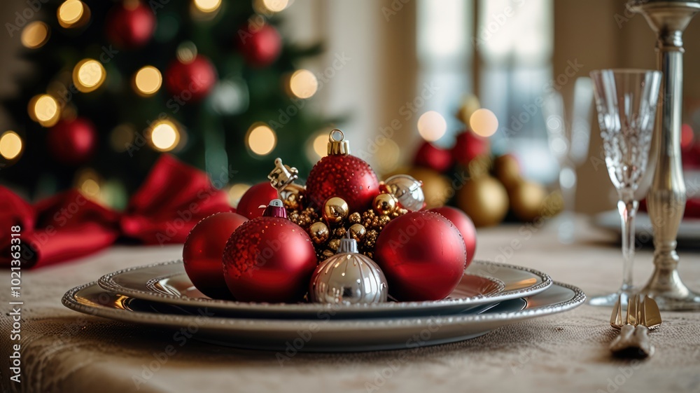 A festive table setting with red and gold Christmas ornaments arranged on a silver plate. A festive table setting with red and gold Christmas ornaments arranged on a silver plate.