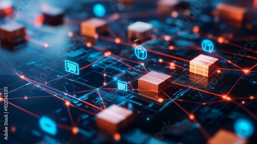 Abstract digital network concept with glowing data blocks and technology symbols on a virtual network background.