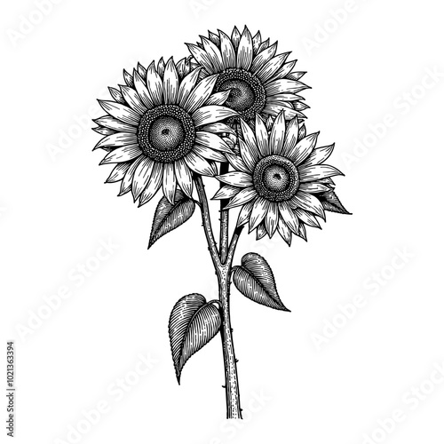Black and White Outline Line Art Drawing of Three Sunflowers with Leaves
