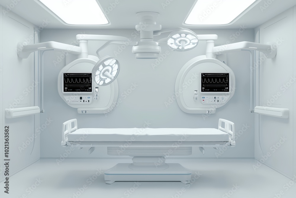 Modern hospital room with medical equipment, clean white background. Modern hospital room with medical equipment, clean white background.
