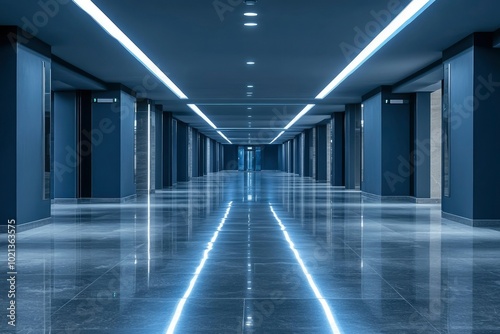 A Long, Empty Corridor with Bright White Lights and a Smooth Marble Floor