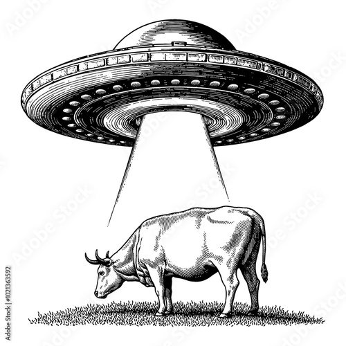 Black and White Outline Line Art Drawing of a UFO Abducting a Cow in Field