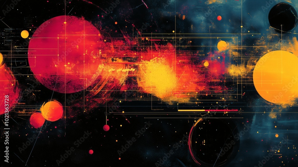 Colorful spheres and streaks create a dynamic cosmic display reminiscent of the universe