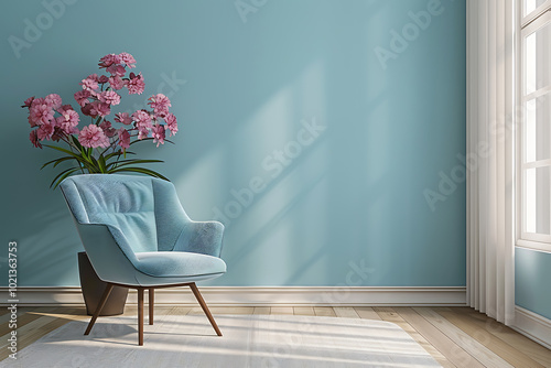 A blue armchair with a pink flower bouquet in the corner of a room. The armchair is on a rug and the room has a blue wall, wooden floor, and a window with white curtains.