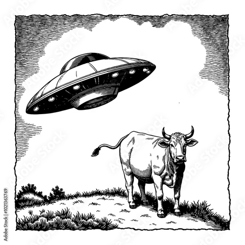 Black and White Outline Line Art Drawing of a UFO Abducting a Cow