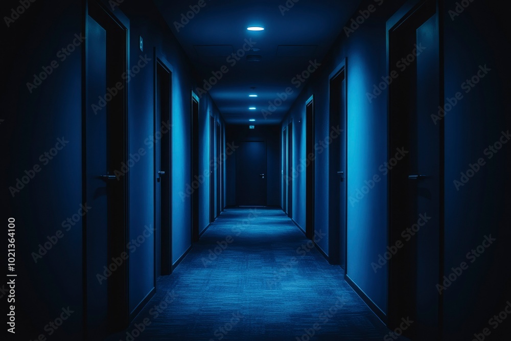 A dimly lit hallway with closed doors on both sides A dimly lit hallway with closed doors on both sides