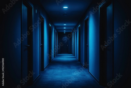 A dimly lit hallway with closed doors on both sides