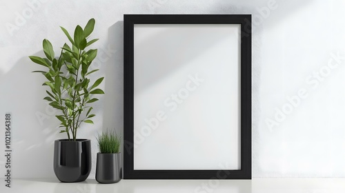 Black Frame Mockup With Plants On White Wall