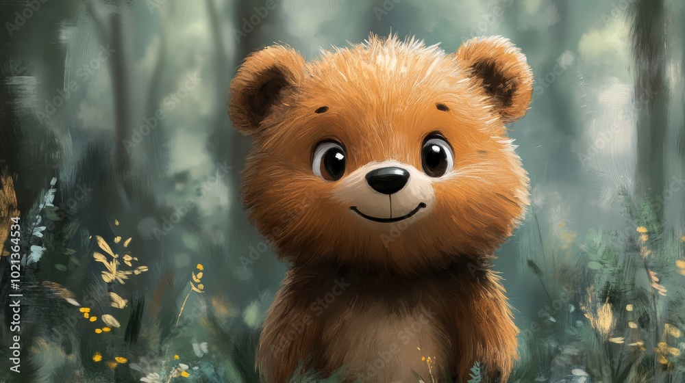 Cute cartoon bear in a serene forest setting Cute cartoon bear in a serene forest setting