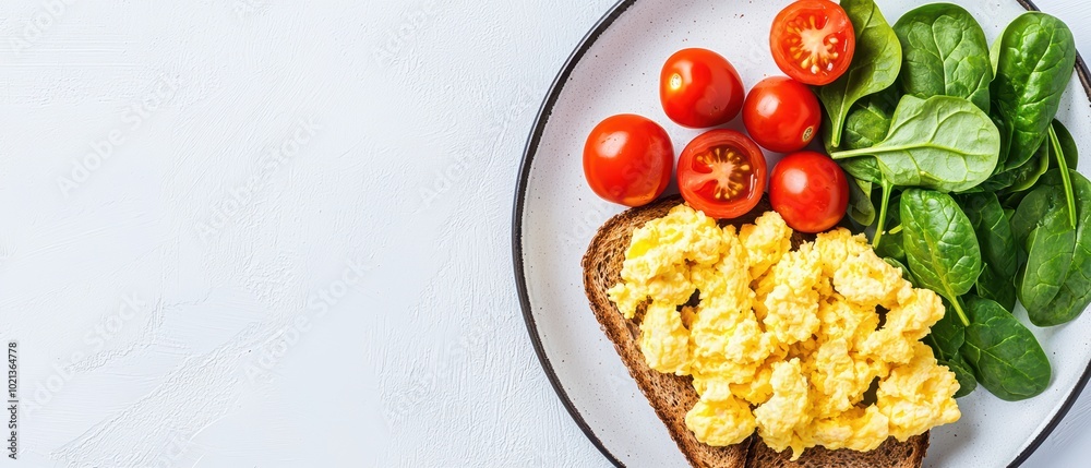Scrambled eggs on whole grain toast with spinach and cherry tomatoes, white background.