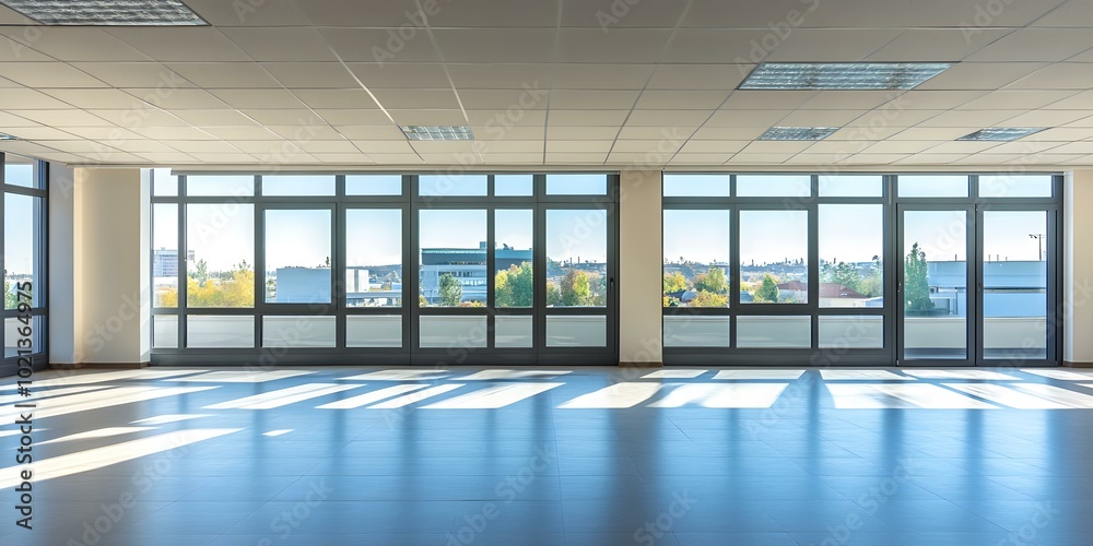 Fototapeta premium Empty Office Room With Large Windows And City View