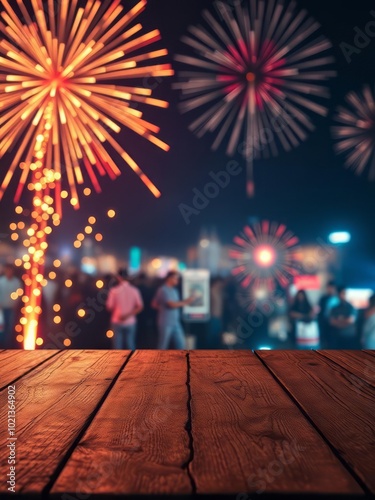 Empty wooden table in front of shiny celebration fireworks background festive backdrops for new year xmas party night event night copy space halloween backdrop photo