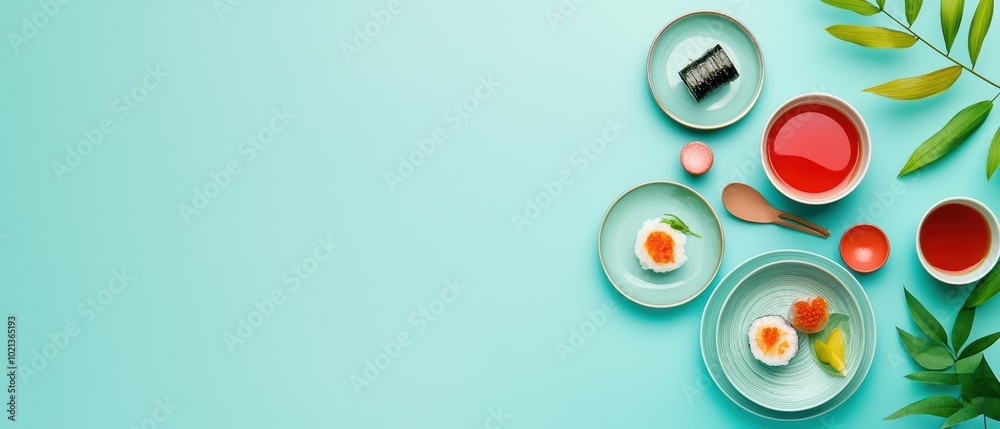Sushi rolls and tea in elegant bowls on a blue background. Sushi rolls and tea in elegant bowls on a blue background.