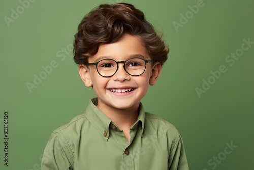 Portrait of a cute little boy in glasses, over green background