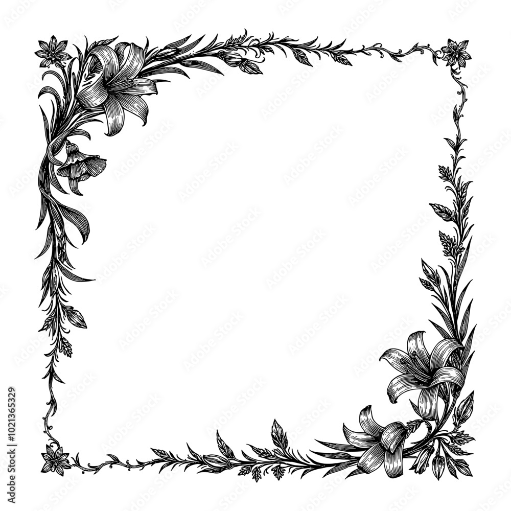 Black and White Outline Line Art Drawing of Vintage Frame made of Lily Flowers, Detailed Engraving Sketch Illustration Black and White Outline Line Art Drawing of Vintage Frame made of Lily Flowers, Detailed Engraving Sketch Illustration