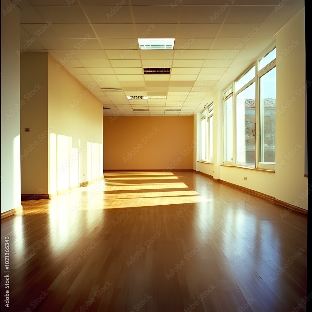 Sunlight streaming through windows in an empty office space Sunlight streaming through windows in an empty office space