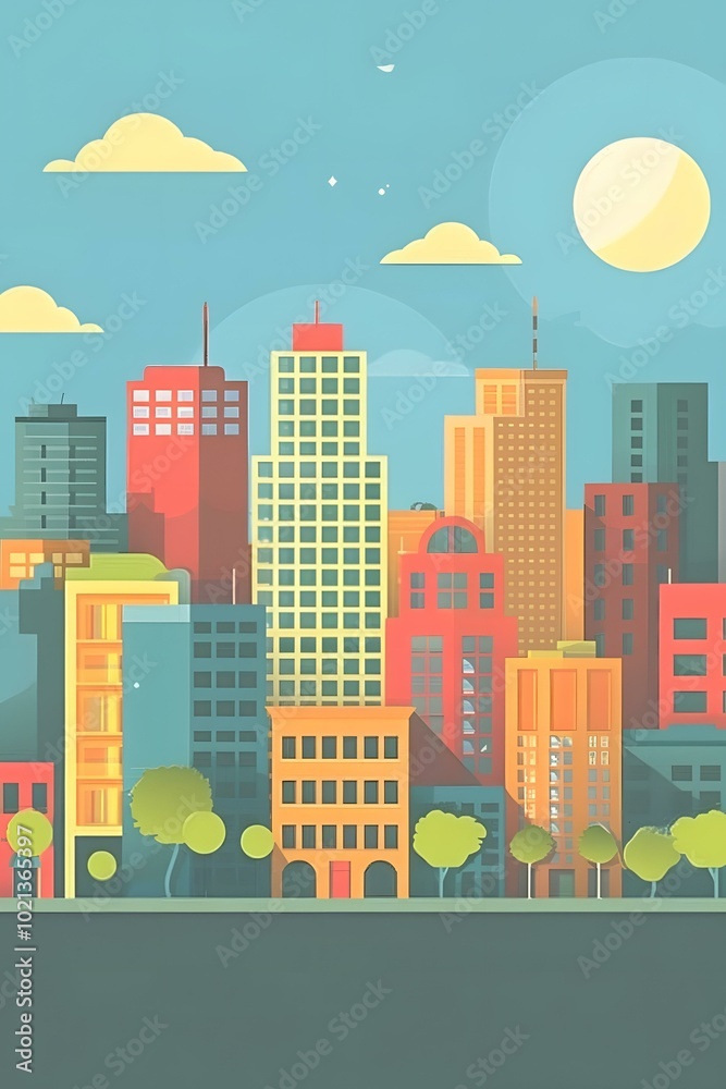 Colorful Cityscape Illustration with Buildings, Clouds, and Sun