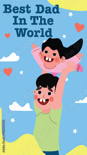 Illustration of a joyful father lifting his daughter up under a sunny blue sky, capturing a heartwarming moment of parental love and happiness surrounded by clouds and hearts.