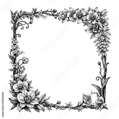 Vintage Frame made of Orchid Flowers Black and White Outline Line Art Drawing