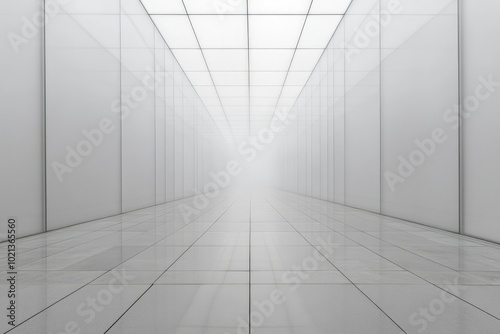 A White Hallway With Tiled Floor And Ceiling