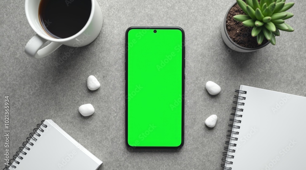 A smartphone with a bright green screen lies flat on a grey concrete surface A smartphone with a bright green screen lies flat on a grey concrete surface