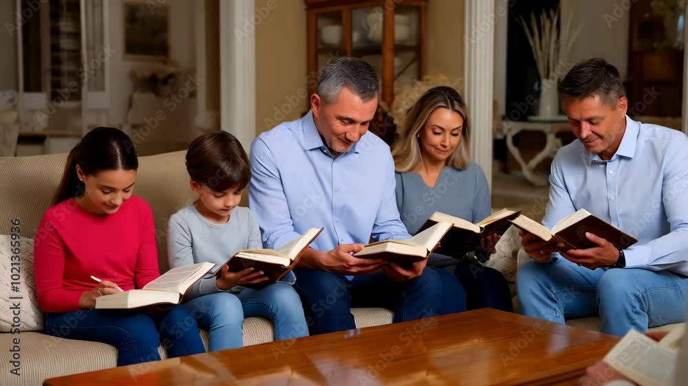 Multi generational family engrossed in reading religious texts together in a living room, showcasing faith, unity, and shared spiritual practice across ages. Multi generational family engrossed in reading religious texts together in a living room, showcasing faith, unity, and shared spiritual practice across ages.
