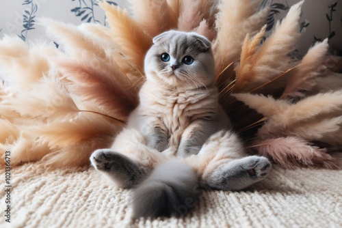 Eine niedliche schottische Faltohrkatze, scottish fold Kater sitzt aufrecht. Generative KI photo