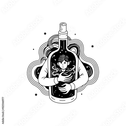 A hand drawn illustration of a person trapped inside a wine bottle, symbolizes the destructive nature of alcohol addiction