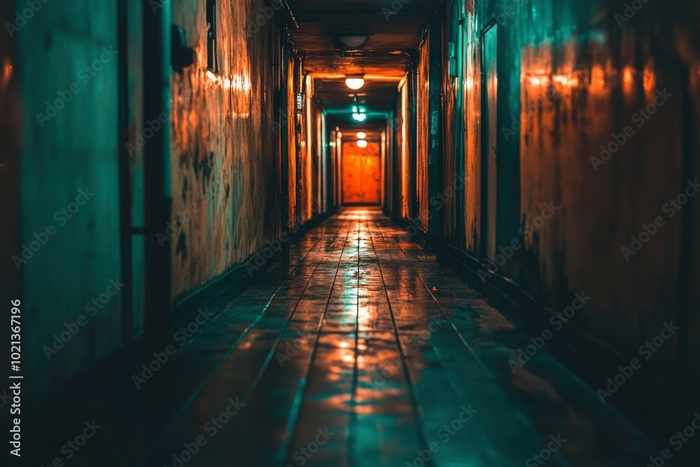 A dimly lit, narrow hallway with worn walls and a wooden floor.