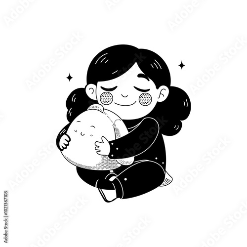 A girl have cuddling pillow, a hand drawn illustration 