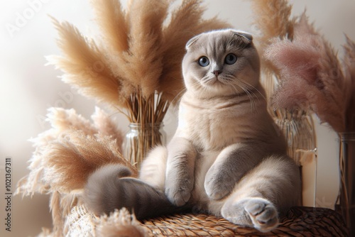 Eine niedliche schottische Faltohrkatze, scottish fold Kater sitzt aufrecht. Generative KI photo