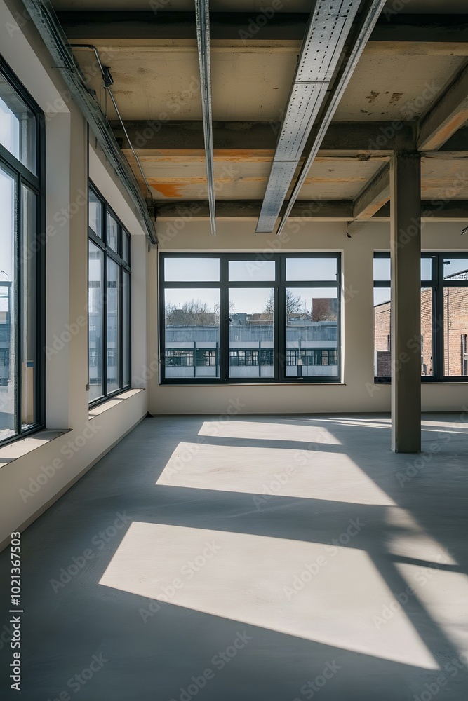 Empty Room With Large Windows And Exposed Beams Empty Room With Large Windows And Exposed Beams