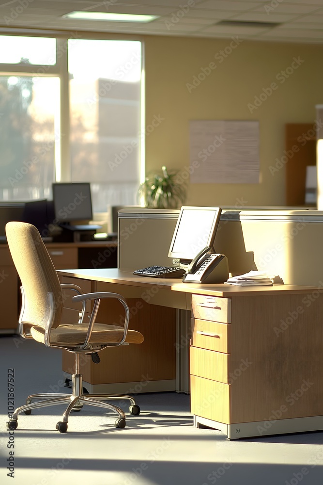 Fototapeta premium Empty Office Desk with Chair and Computer