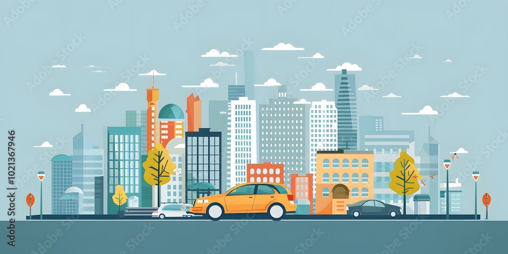 Cityscape Illustration with Cars and Buildings Cityscape Illustration with Cars and Buildings