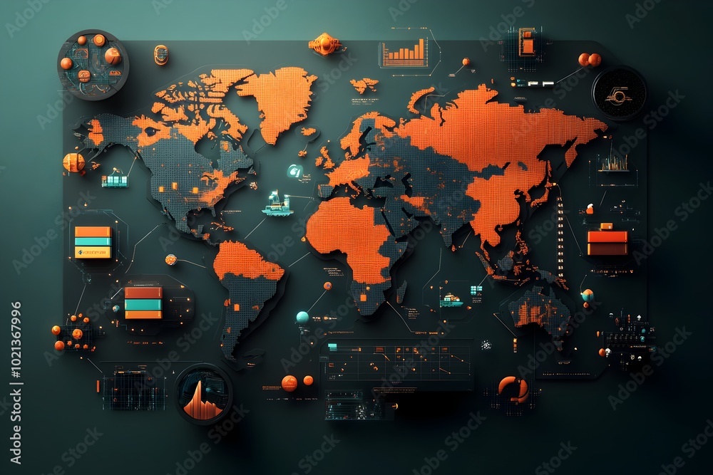 Naklejka premium Innovative AI powered interface visualizing international logistics shipping routes container movement and supply chain data to enable seamless global commerce and trade optimization