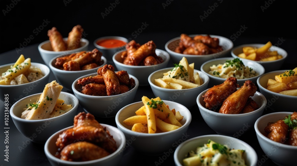 An assortment of various chicken wings, fries, and coleslaw in bowls on a black background. An assortment of various chicken wings, fries, and coleslaw in bowls on a black background.
