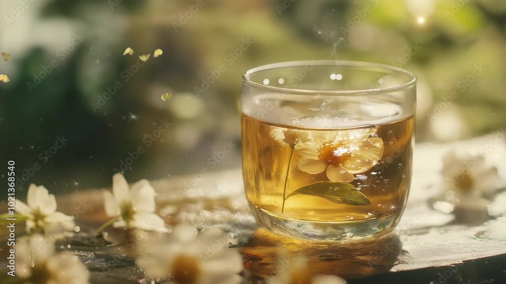 A cup of chamomile tea in nature background looping animation 4K A cup of chamomile tea in nature background looping animation 4K
