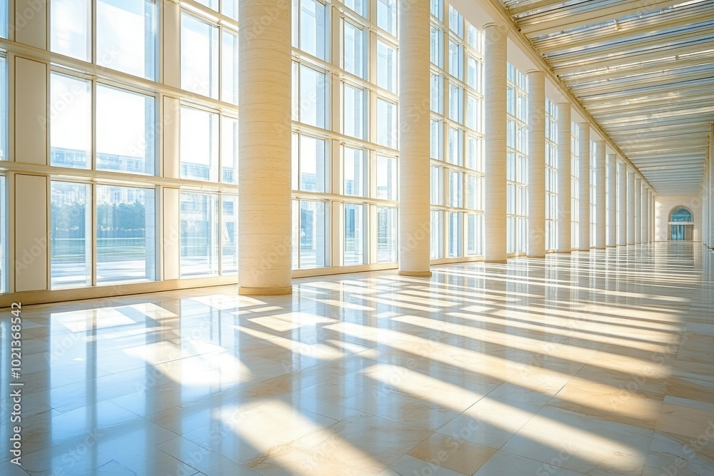 Fototapeta premium Sunlit Interior Corridor with Columns and Large Windows