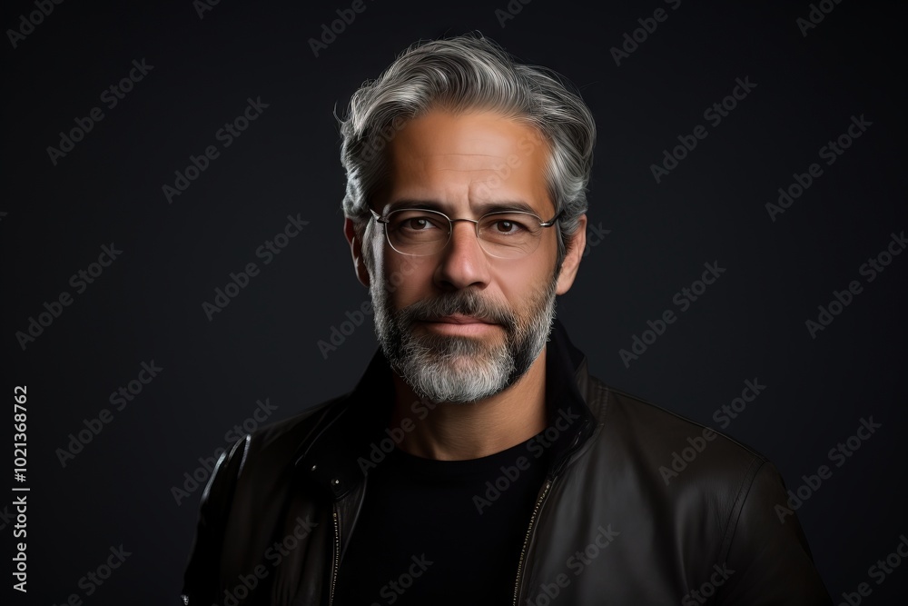 Portrait of a handsome bearded man in a leather jacket and glasses on a dark background Portrait of a handsome bearded man in a leather jacket and glasses on a dark background