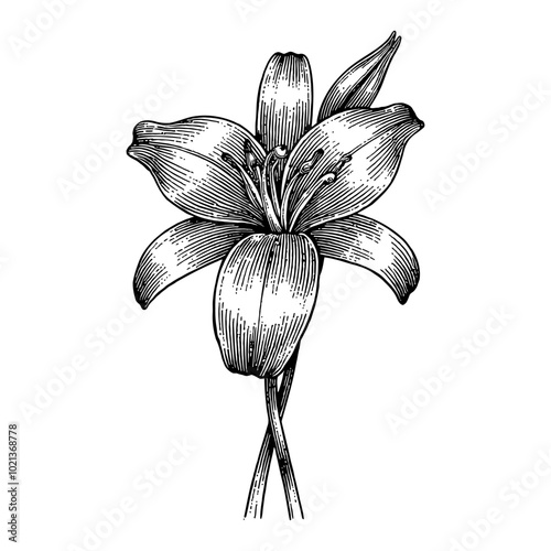 Black and White Outline Line Art Drawing of an Orchid Lily Flower with Detailed Engraving Style