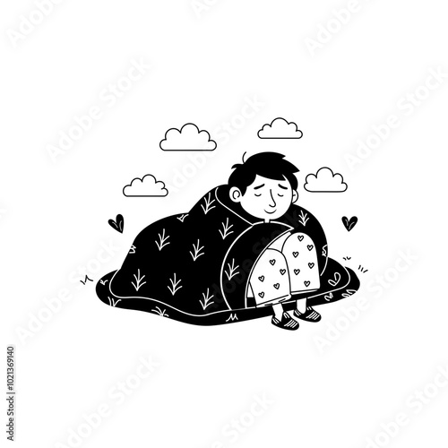 A person cover himself in a sleeping blanket, hand drawn illustration 